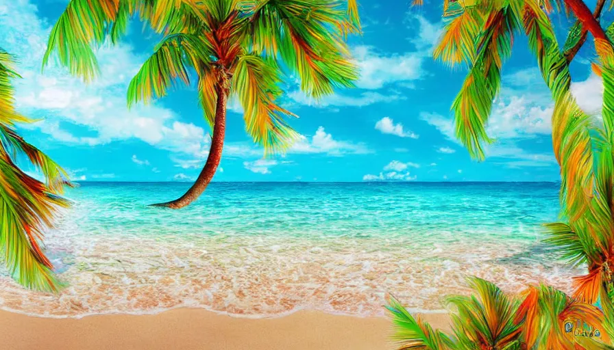 Image similar to a beautiful tropical beach with a stunning turquoise ocean in the background, digital art, highly detailed, realistic, bright colors, 8 k