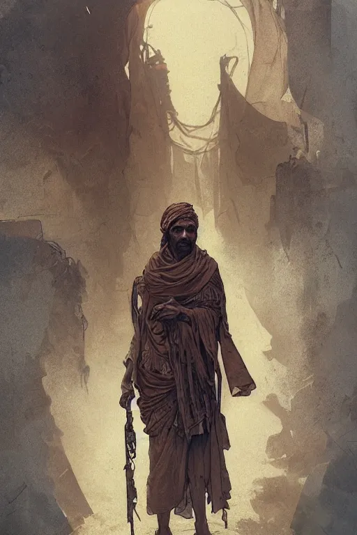 Prompt: a full body portrait of a beautiful post apocalyptic offworld desert bedouin blind beggar by the city gates, intricate, elegant, highly detailed, digital painting, artstation, concept art, smooth, sharp focus, illustration, art by krenz cushart and artem demura and alphonse mucha