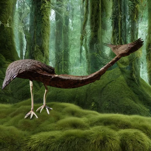 Prompt: A human sized extinct Moa bird in a mossy forest, 4k