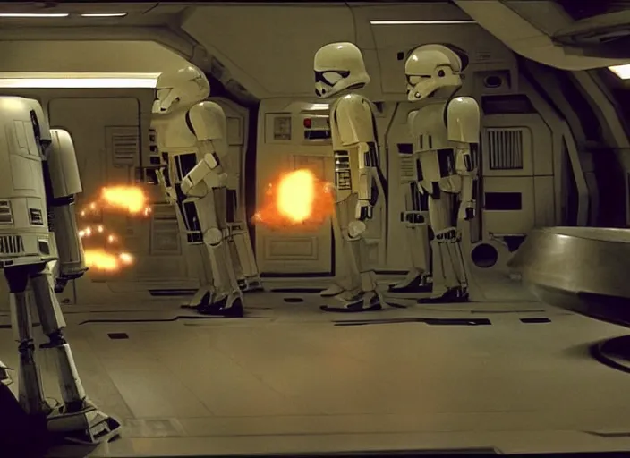 Prompt: screenshot of Imperial Probe Droids from star wars attacking Han Solo, iconic scene from 1970s film by Stanley Kubrick, moody hazy lighting, stunning cinematography, hyper-detailed, crisp, anamorphic lenses, kodak color film stock, 4k