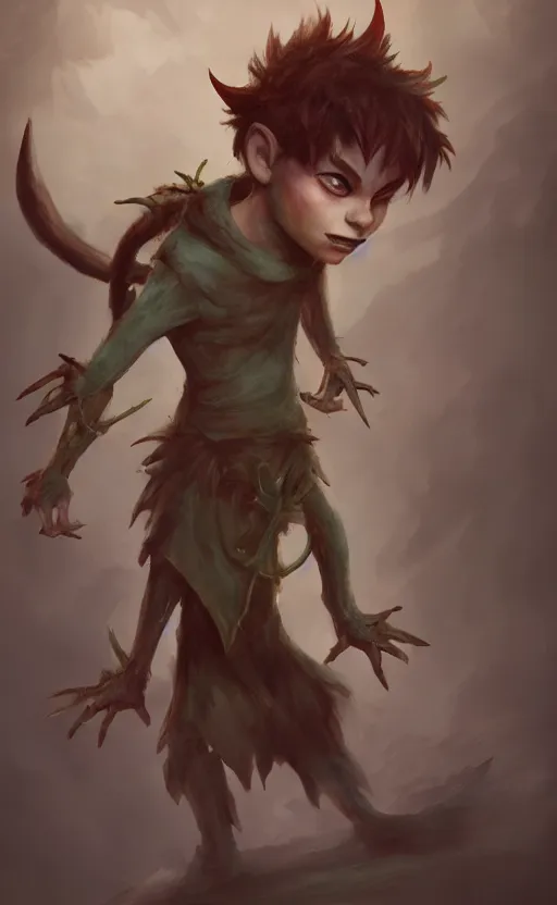 Image similar to peter pan depicted as a monster, dynamic lighting, photorealistic dark fantasy concept art, trending on art station, stunning visuals, creative, cinematic, ultra detailed