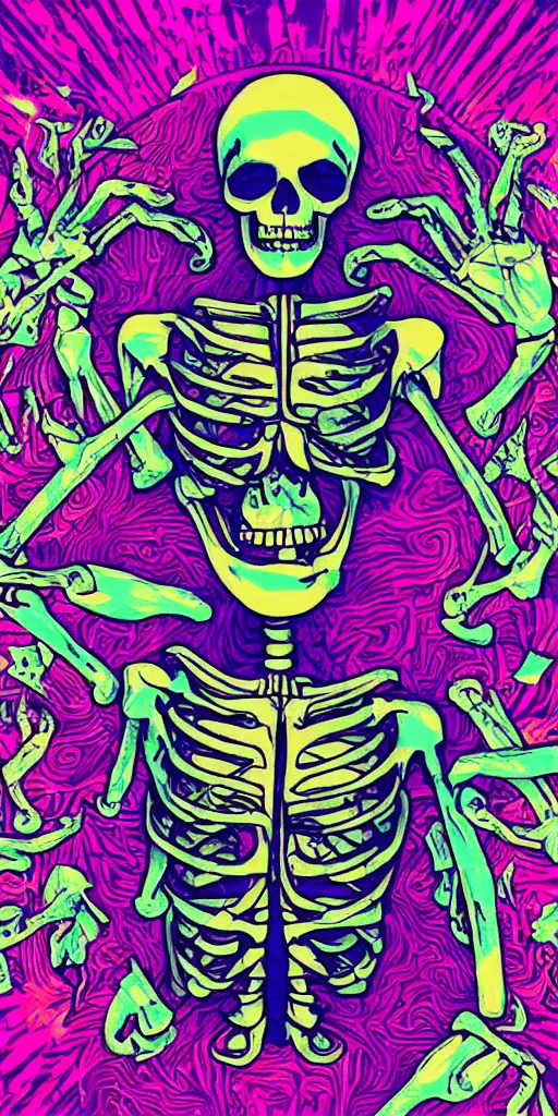 Image similar to vaporwave skeleton with psychedelic background