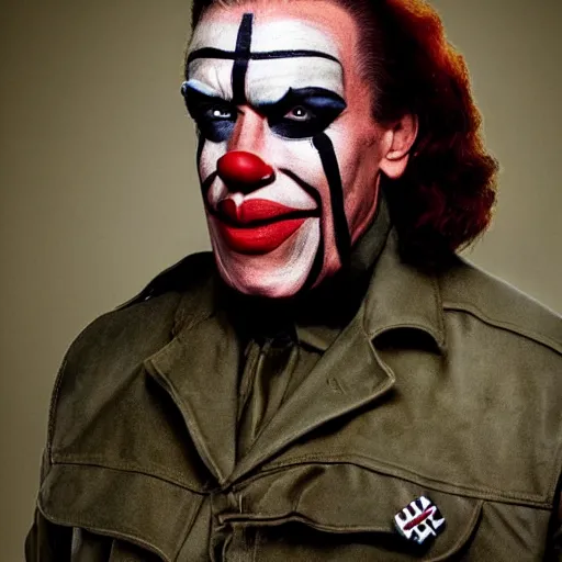 Image similar to UHD candid photo of Arnold Schwarzenegger dressed as a Nazi, wearing extremely intricate clown makeup, accurate face, UHD, photorealistic, correct face, photo by Annie Leibowitz