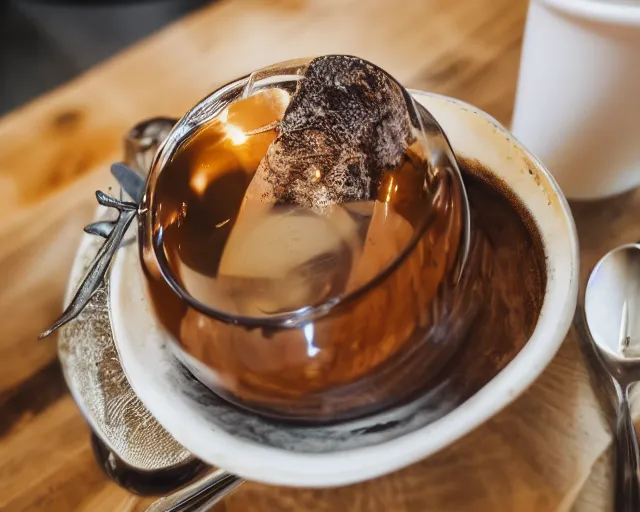 Prompt: 8 5 mm food photography of a large eyeball in a cup with a spoon at a restaurant with dof and bokeh and wine glasses out of focus in the background. highly detailed 8 k. intricate. lifelike. soft diffused light. nikon d 8 5 0.