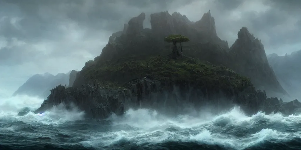 Prompt: epic matte painting of a misty island on choppy seas, cinematic cinematography masterpiece, skull, greg rutkowski, and ivan aivazovski