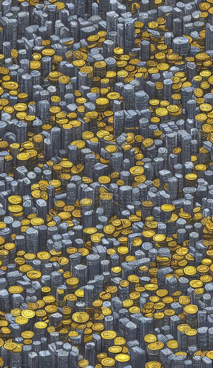 Prompt: cityscape with huge piles of crypto coins, concept art, award winning concept art, trending on artstation