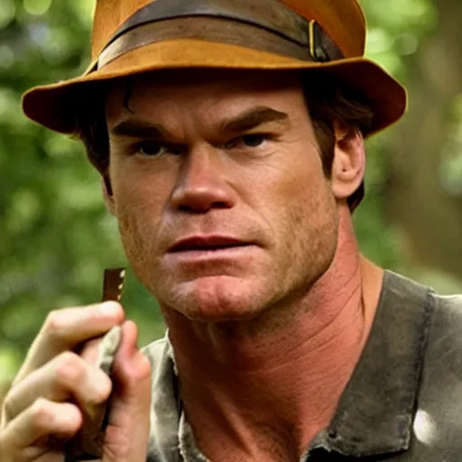 Image similar to dexter Morgan dressed as Indiana Jones throwing knives, realism