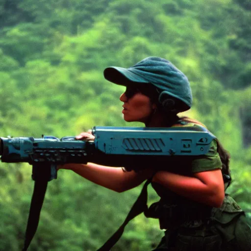 Prompt: film still, extreme far view, elaine benes, jungle, vietnam door gunner, apocalypse now, associated press, 2 6 mm, kodak ektachrome, blue tint expired film