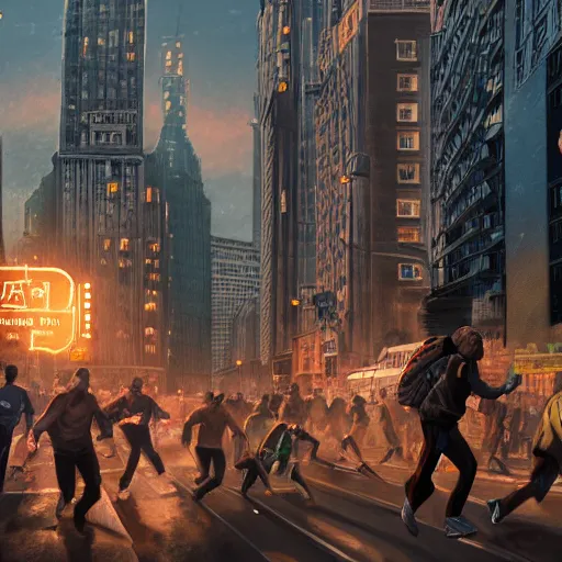 Image similar to bunch of people running away from a bitcoin giant in the city, hyper detailed, trending on artstation, cinematic composition hdr, 8 k, beautiful lighting, sharp details, digital illustration