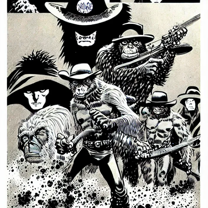 Image similar to sergio toppi art style, futuristic cowboys fighting apes