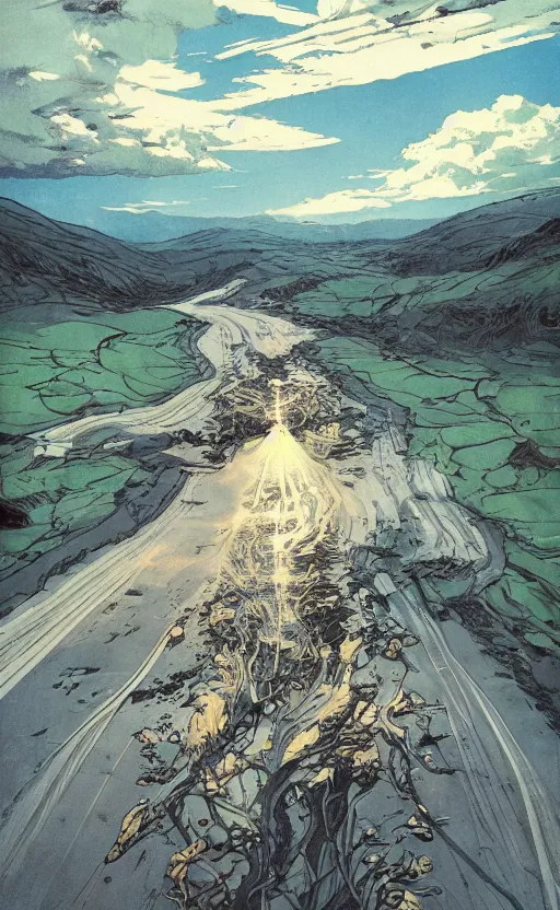 Image similar to paperback book cover by kim jung gi. 1 9 5 0 s. pure colors, melting clouds, accurately drawn details, a sunburst above a receding road with the light reflected in furrows and ruts, after rain. photorealistic. octane render. cinematic. trending on artstation. textless.