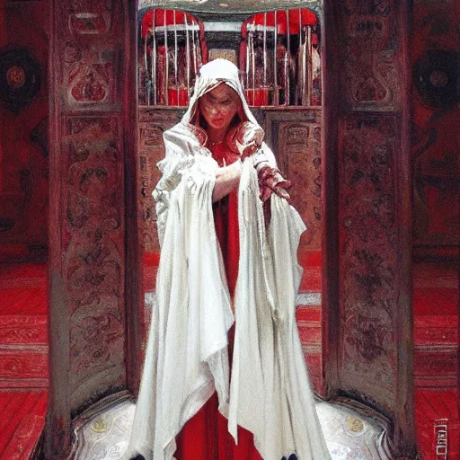 Prompt: priestess wearing white and red, by donato giancola.