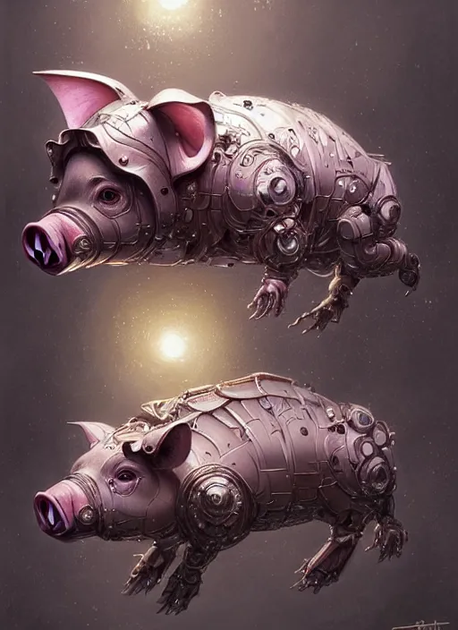 Prompt: robotic pig, d & d, wet, shiny, fantasy, intricate, elegant, extremely higly detailed, ultra definition, digital painting, artstation, anatomical perfection, baroque, concept art, smooth, sharp focus, illustration, art by artgerm and greg rutkowski and alphonse mucha