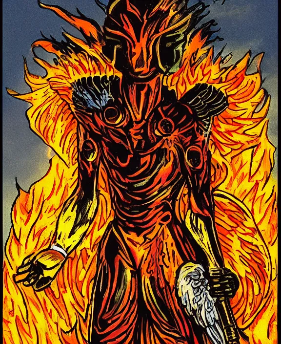 Prompt: a tarot card intricate of a fiery angel in a futuristic battle suit pointing directly at the viewer