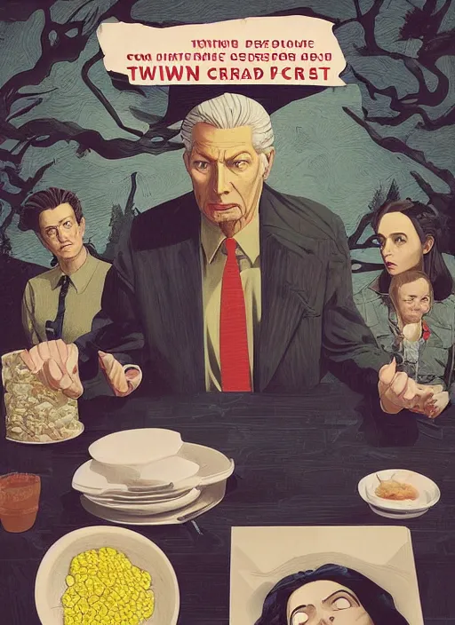 Prompt: Twin Peaks poster artwork by Michael Whelan and Tomer Hanuka, Karol Bak, Rendering of Tremond complains about the presence of creamed corn on her plate, and when Donna looks away the creamed corn miraculously appears in Tremond's grandson's hands, from scene from Twin Peaks, clean, full of details, by Makoto Shinkai and thomas kinkade, Matte painting, trending on artstation and unreal engine