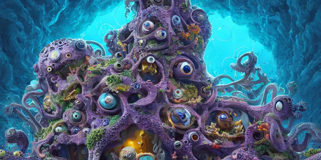 Image similar to of an intricate sea reef with strange cute friendly happy creatures with huge eyes, mouth, long tongue, round teeth and goofy face, appearing from the background, in the style of gehry and gaudi, macro lens, shallow depth of field, ultra detailed, digital painting, trending artstation, concept art, illustration, cinematic lighting, photorealism, epic, octane render