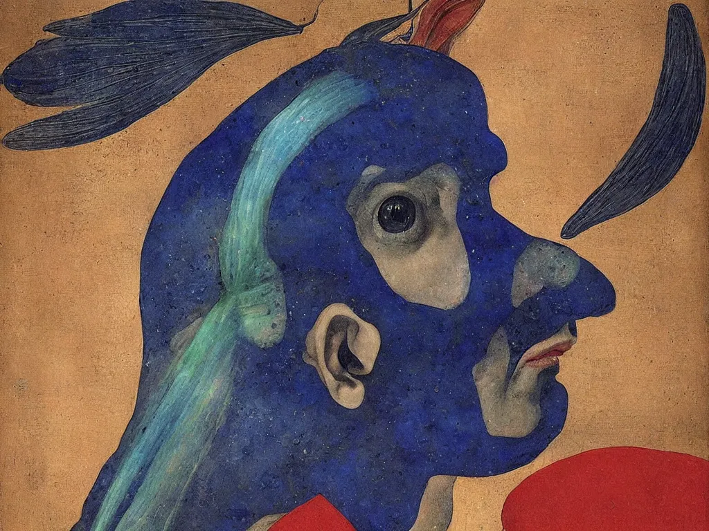 Image similar to portrait of a old woman head with close up exotic betta halfmoon blue fish. lapis lazuli, malachite, cinnabar, gold. ainting by piero della francesca, balthus, agnes pelton