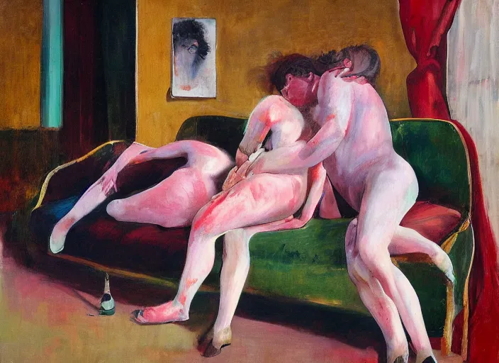 Prompt: realistic lovers collapsed in a the cafe void, curtains, spasms, college girls, couches melting, painted by John Singer Sargant, flesh, stylized by Francis Bacon, Adrian Ghenie, 8k