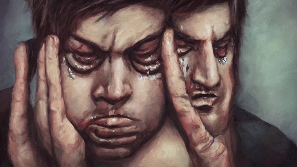 Image similar to mirrorpunk fraternal portrait of a crying young dude 3 3 years old, with violence
