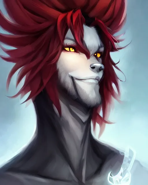 Image similar to character concept art of a black anthropomorphic male wolf long red hair | | cute - fine - face, pretty face, key visual, realistic shaded perfect face, fine details by stanley artgerm lau, wlop, rossdraws, james jean, andrei riabovitchev, marc simonetti, and sakimichan, trending on artstation