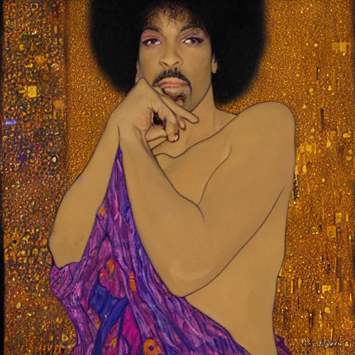 Image similar to a painting of Prince in the style of Klimt. Gold color scheme