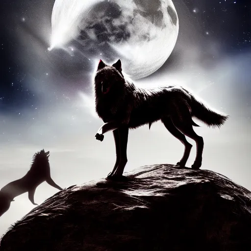 Prompt: Beautiful epic wallpaper worthy cinematography of David Bowie aka Ziggie Stardust, riding a giant silver wolf, while the wolf is on a giant boulder, with a massive moon in the background at night; Unreal Engine Render; 16k high quality