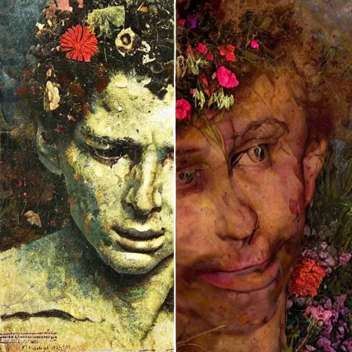 Image similar to a sculpture portrait made of papper and sand and flowers and plants, painting part by wojciech siudmak, part by ilya repin, part by max ernst, part by norman rockwell, artstation