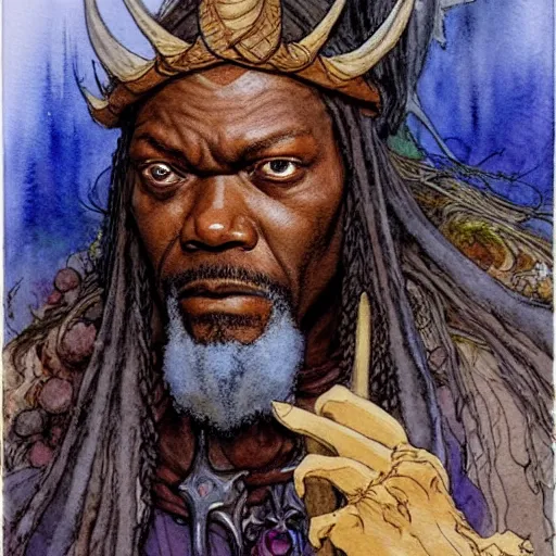 Image similar to a realistic and atmospheric watercolour fantasy character concept art portrait of samuel l. jackson as a druidic warrior wizard looking at the camera with an intelligent gaze by rebecca guay, michael kaluta, charles vess and jean moebius giraud