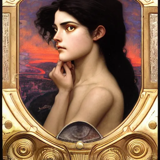 Image similar to Masterpiece head and shoulder portrait of battle angel Alita drawn by Donato Giancola and Tom Bagshaw, face by Artgerm and Edmund Leighton, Alphonse Mucha, background by James Jean and Gustav Klimt, 4k, porcelain skin, komorebi, french nouveau, trending on pixiv, octane render, hyperrealistic