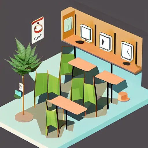 Image similar to isometric cartoon of cannabis leaf cafe with desks and chairs, by benoit mandelbrot, low poly minimal interior design