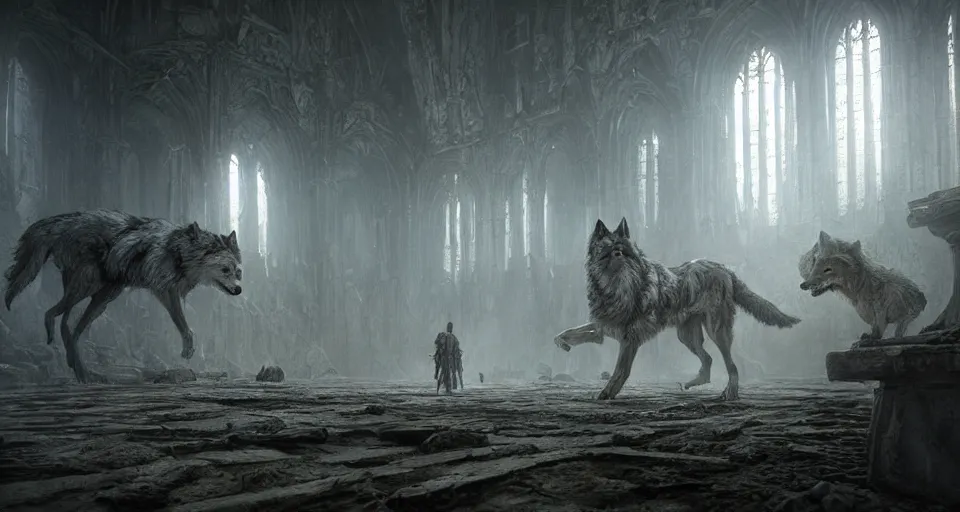 Image similar to king of the wolves - fantasy, inside the king's hall wolves and their treasures, ethereal, ominous, misty, 8 k, by h. r. giger and greg rutkowski, the last guardian by fumito ueda - elden ring