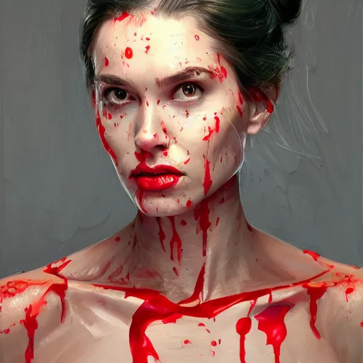 Prompt: A masterpiece portrait of a Female version of Patric Bateman from American Psycho. Red drops on face. medium shot, intricate, elegant, highly detailed. trending on artstation, digital art, by Stanley Artgerm Lau, WLOP, Rossdraws, James Jean, Andrei Riabovitchev, Marc Simonetti, Yoshitaka Amano