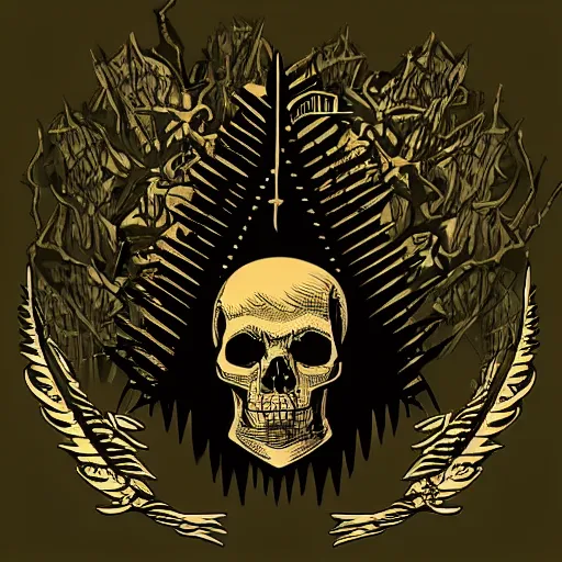 Image similar to dark death metal themed vector illustration for a record label, trees. forest, spikes, skull, microphone, skull, award winning, grunge, iconic, golden ratio