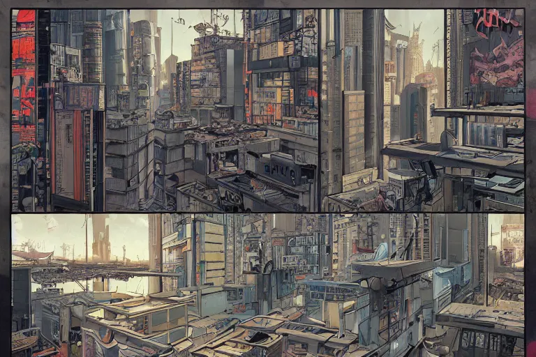 Prompt: full page comic book drawings of cyberpunk apocalyptic office scenes, bold color palette, high contrast, by carel willink and gregory crewdson, moebious, jean giraud, comic book panels, octane render, beserk anime