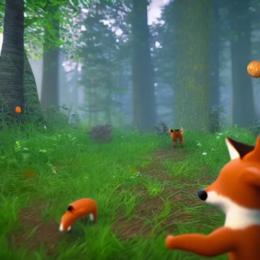 Image similar to unreal engine 5, magical forest covered with fly agaric, there is a fox with two cubs, light magical fog