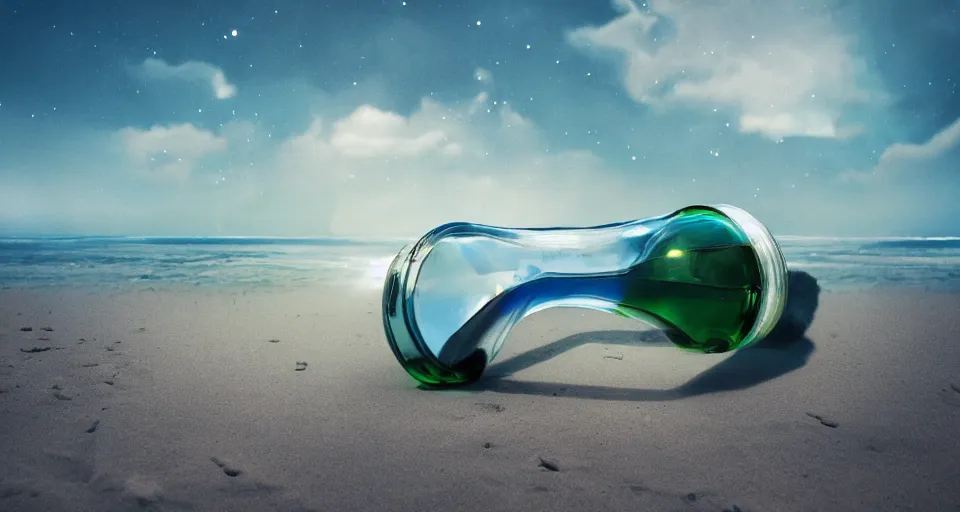 Prompt: the universe inside of a bottle on the beach, octane render, hyper detailed, cinematic composition, cinematic