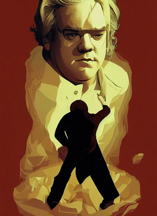 Image similar to poster artwork by Michael Whelan and Tomer Hanuka, Karol Bak of Philip Seymour Hoffman, from scene from Twin Peaks, clean