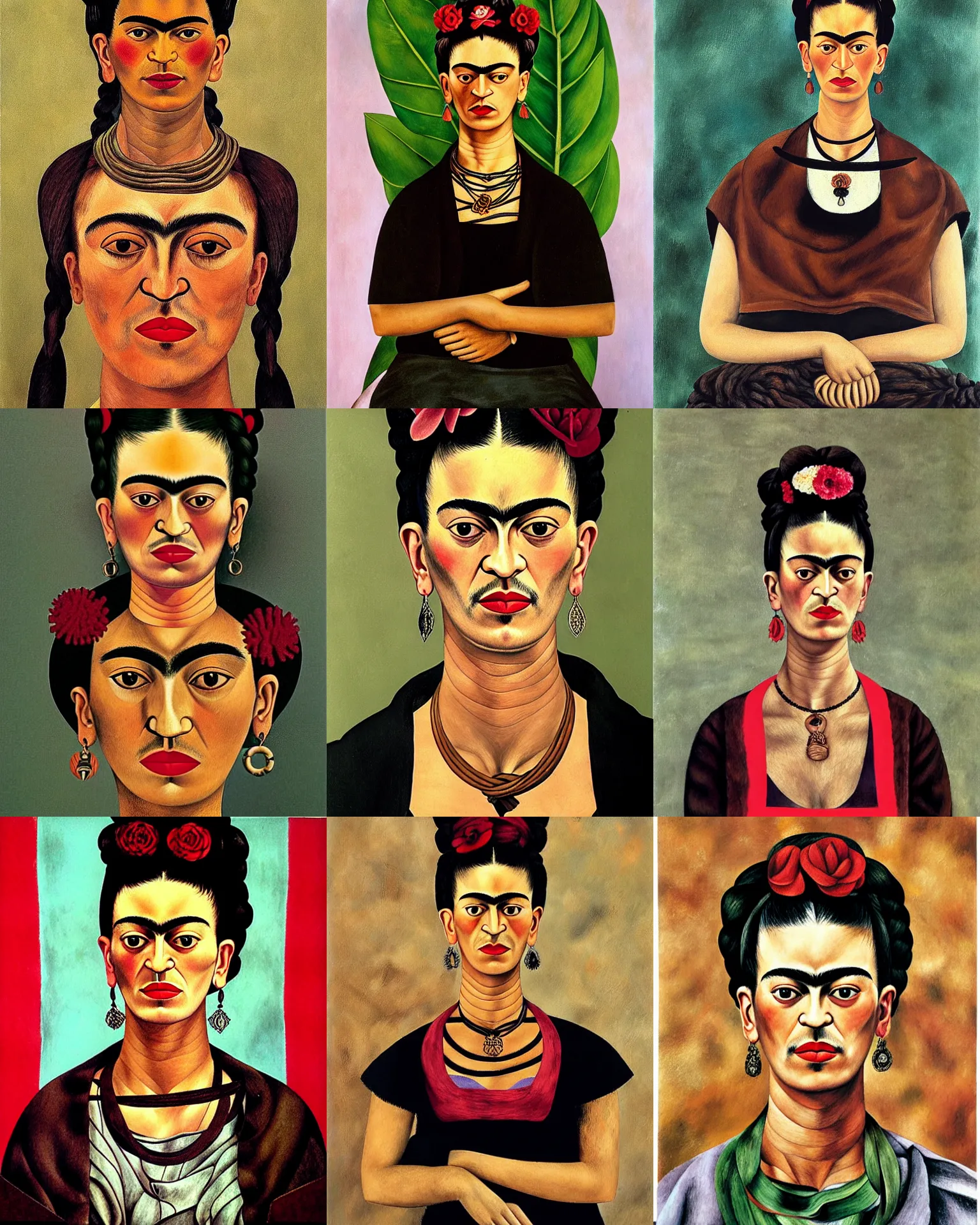 Prompt: a portrait of a woman by frida kahlo. she has long straight dark brown hair, parted in the middle. she has large dark brown eyes, a small refined nose, and thin lips. she is wearing a t - shirt with the supreme brand logo lettering on it, a sleeveless white blouse, a pair of dark brown capris, and black loafers.