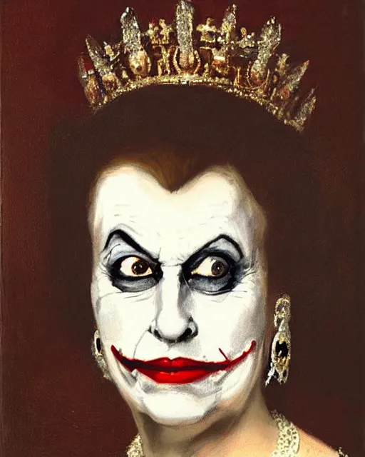 Image similar to portrait of Queen Elizabeth as the Joker, art by Carel Fabritius