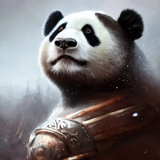 Image similar to warrior panda in armor by wenjun lin, eerie, intricate, highly detailed, sorrow, dramatic, emotional, proud, matte painting, award - winning art, cute, happy, cold lighting, refractions, volumetric lighting, trending on artstation, digital art, 8 k