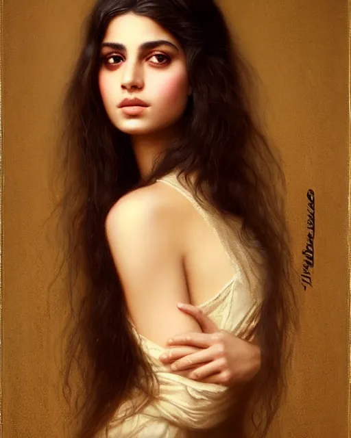 Image similar to a highly realistic, true to life portrait of a beautiful young middle eastern girl, soft focus, from the waist up, with sharp features, a beautiful face, soft smile, under studio lighting, taken with a canon eos camera with 1 3 5 mm focal length, art by karol bak, james jean, tom bagshaw, trending on artstation,