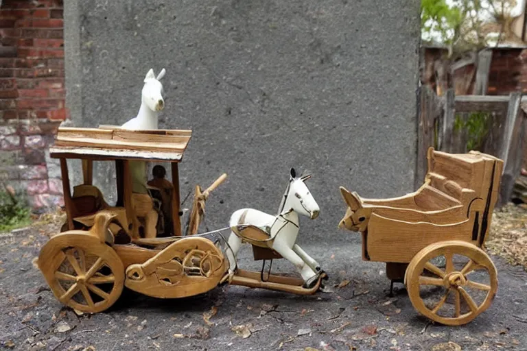 Prompt: a wooden toy horse pulling a wooden carriage, a surrealist sculpture by beatrix potter, pinterest contest winner, folk art, diorama, made of trash, made of cardboard