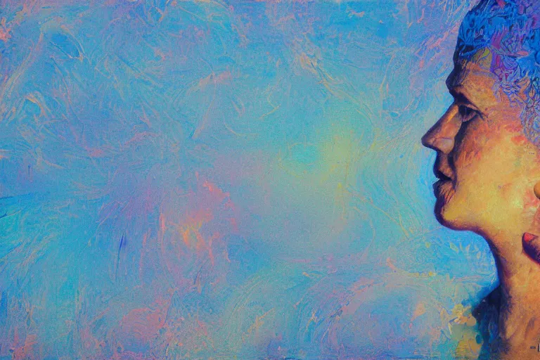 Image similar to yeemik bareed by the turnip, painted by bernard krigstein and wojciech siudmak, trending on artstation, iridescent blue lighting macro view solarpunk, chillwave, in the golden hour, profile picture, impasto