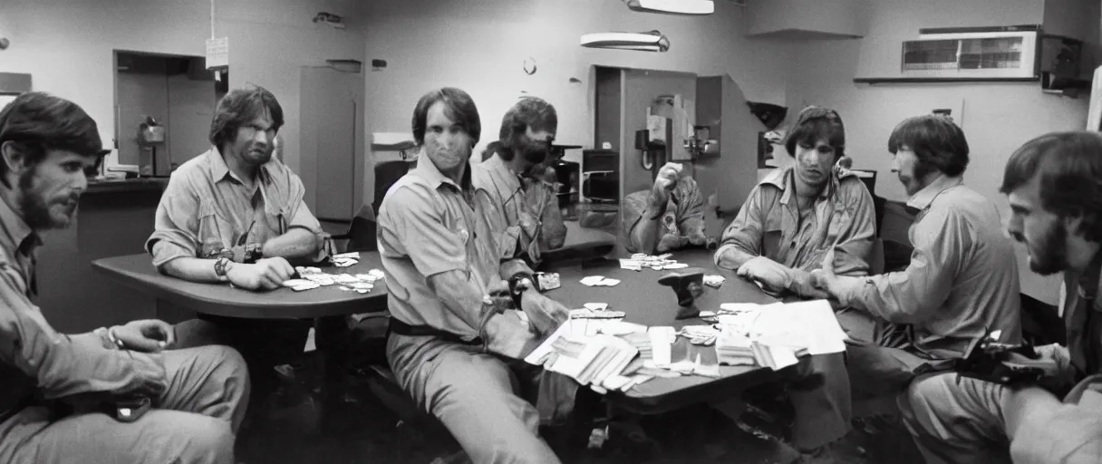 Image similar to a high quality extreme wide establishing shot hd 4 k film 3 5 mm color photograph of a group of grizzled caucasian male civilian military contractors sitting at a square table playing cards in a dimly lit breakroom smoking ciggarettes in 1 9 8 2