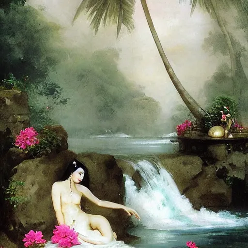 Prompt: monsoon on tropical island, oriental goddess in white, elegant, frontal, ornate, beautiful, atmosphere, vibe, mist, coconuts, rain, wet, pristine, puddles, melting, dripping, snow, creek, lush, ice, bridge, forest, roses, flowers, by stanley artgerm lau, greg rutkowski, francisco de goya