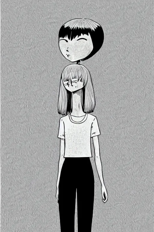 Image similar to portrait of a girl in long pants and a top, hands in pockets, eyes closed, bob haircut, digital art, black and white, illustration by junji ito