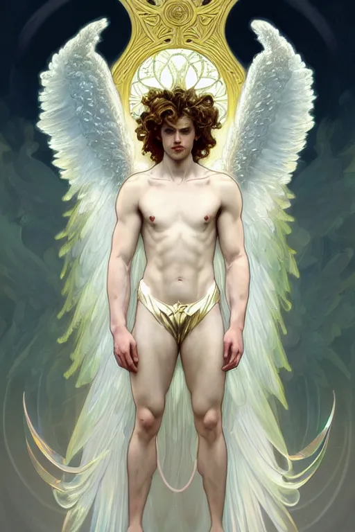 Prompt: symmetrical, beautiful young fit male angel with curly blond hairs, dressed with fluent clothes, majestic wings, luminous halo, by greg rutkowski and alphonse mucha, d & d character, gradient white to gold, in front of an iridescent background, highly detailed portrait, digital painting, artstation, concept art, smooth, sharp focus ilustration, artstation hq