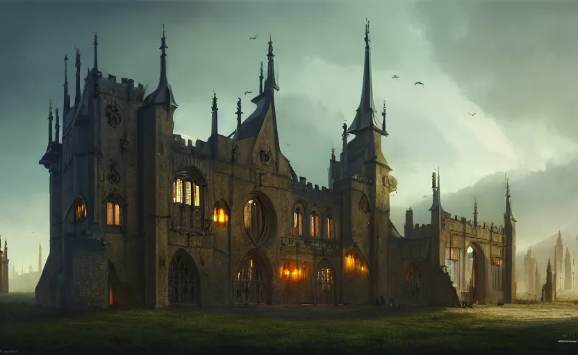 Image similar to exterior shot of utopian english medieval stronghold architecture with cinematic lighting by zaha hadid peter zumthor and renzo piano and, darek zabrocki and greg ruthkowski, simon stalenhag, cinematic, holy place, paradise, scifi, futurism, atmospheric, concept art, artstation, trending on artstation