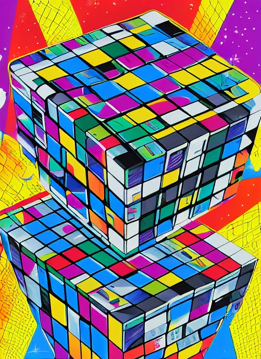 Prompt: digital illustration of a rubiks cube in space by howard arkley, artstation