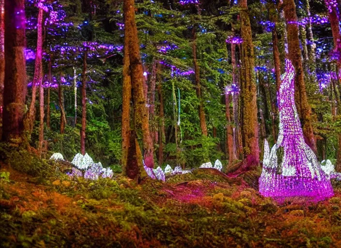 Image similar to a magical forest with crystal flowers that glow in the dusk,